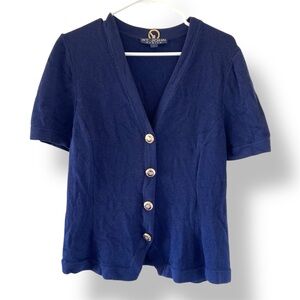 St. John Basics Navy Short Sleeve Cardigan Sweater Gold Buttons L